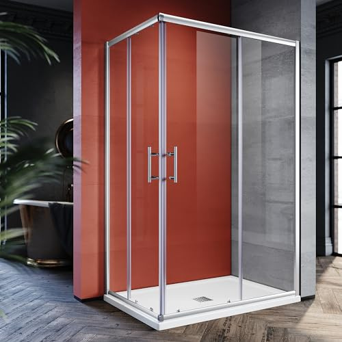 SONNI Eckeinstieg Duschkabine 80x120x185 cm mit Duschtasse, Schiebetür | Komplettlösung mit Duschtasse und Ablaufgarnitur. Edelstahl-H-Griff und leichtlaufende Schiebetür für hohen Komfort.