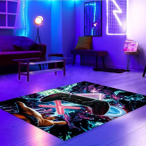 CARPETIA Teppich Gamerzimmer waschbar kurzflor pflegeleicht schwebender Kontroller mit leuchtenden Symbolen in bunt, 200 x 290 cm
