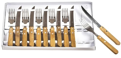 Cubertería de 12 piezas mango de madera, cubiertos de acero inoxidable, 6 cuchillos, 6 tenedores (Set 12 Pcs)
