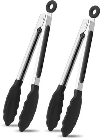 2 Teiliges Küchenzange, Zange Küche, Kochzange, Grillzange Silikon, Fleischzange, Verdickter Edelstahl und BPA-freie Silikonspitzen, ideal zum Kochen, Grillen, 21cm(schwarz)