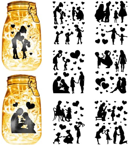 CREATCABIN 6 Blatt Einmachglas-Aufkleber Zum Muttertag,Herz-Aufkleber,Gestanzte Silhouetten,Selbstklebend,PVC,Wasserdicht,Für Bastelarbeiten,Sammelalben,Laternen,Gläser,Wand,Fenster,20x15cm