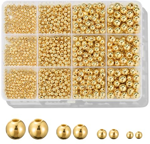 Monigte 1100 st guldpärlor, släta runda, 3/4/6/8 mm, gulddistans, lösa bollpärlor, kit för armband, smyckestillverkning