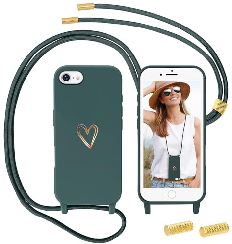 Handyband kompatibel mit iPhone SE 2022/2020/iPhone 8/iPhone 7 Hülle mit Band, MoEvn Handyhülle mit Kordel für zum Umhängen Herz Muster Silikon Case Stoßfeste Schutzhülle mit Abnehmbar Kette, Grün