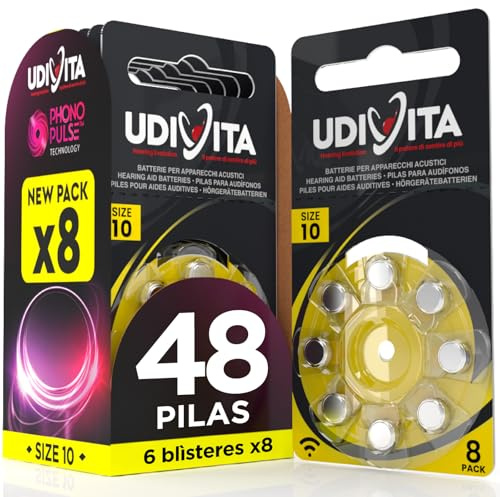 48 Batterien für Hörgeräte Udivita Größe 10 (Gelb) PR70 Zink-Luft mit Phono Pulse-Technologie - 6 Blister mit 8 Batterien