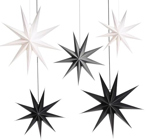 YCVSKY 5 Stück Papiersterne Weihnachten 30cm x 3 + 45cm x 2 Skandinavisch Papiersterne zum Aufhängen,Papiersterne Schwarz & Weiß & Grau