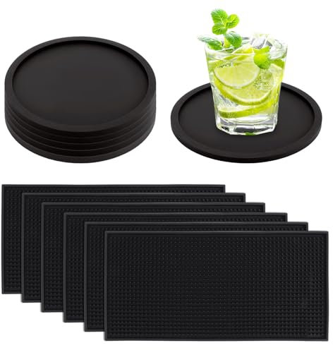 GBACHOOSE 12 tappetini da bar neri, 30,5 x 15,2 cm, in gomma, con 6 sottobicchieri, tappetini antiscivolo per casa, pub, tappetini da bar in gomma PVC, tappetini per birra, piano di lavoro della