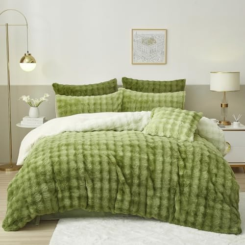 Luofanfei Winter Plüsch Bettwäsche 135 x 200 Grün Farbverlauf Warme Kuschelig Flauschig Flanell Bettwäsche Set Winterbettwäsche Microfaser Fleece Bettbezug und Kissenbezug 80x80 mit Reißverschluss