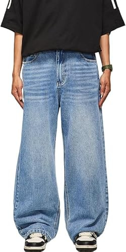 HUNGSON Mens Baggy Jeans for Men Women Y2k Skater Vintage Plain Pants Casual Wide Leg Jeans Loose Fit Denim Jeans Blue