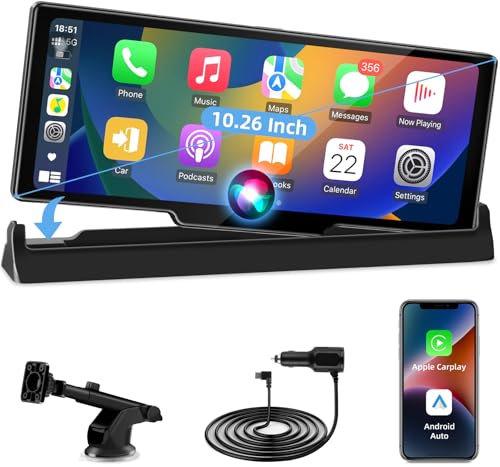 Vtopek Écran Carplay Android Auto 10,26 Pouces avec Support Exclusif, Car Play Portable avec Écran Tactile HD IPS sans Fil Écran Carplay Voiture avec Bluetooth Siri Google Mirror Link Carte TF 64 Go