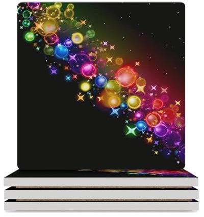 Dekoratives 4-teiliges Untersetzer-Set, bunte Regenbogen-Sterne, bedruckt, quadratisch, Keramik-Untersetzer mit Korkboden, Getränkeuntersetzer für Zimmer, Küche, Bar, Party-Dekoration
