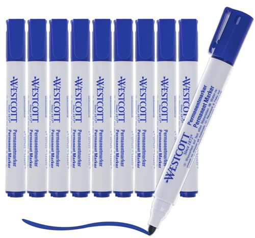 Westcott Pennarelli indelebili 10 pezzi blu | Pennarelli impermeabili | Punta rotonda da 1,5-3,0 mm | Ricaricabili, resistenti alla luce, asciugatura rapida, a prova di sbavature | E-713007 00