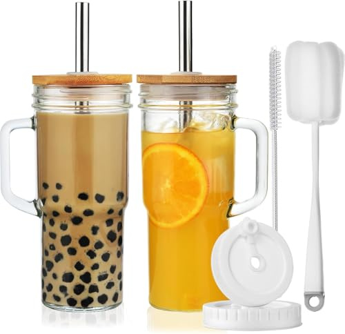 ALINK 2 vasos de 710 ml con asa, tapa actualizada y pajita, vasos reutilizables Mason Jar para café helado, batidos, cerveza, zumo y té, con 2 cepillos