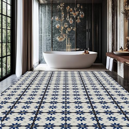 CHGCRAFT 18 Pz Blu fiori geometrici piastrelle adesivi impermeabile piastrelle adesivi autoadesivi Peel and Stick per cucina bagno camera da letto parete pavimento decorazione, floreale, 6x6 pollici