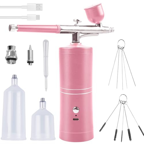 Air Brush Kit med kompressor, airbrush-kompressor, uppladdningsbar airbrush airbrush-kit, bärbar airbrush-pistol, sminkborste, nagelkonst, rosa tårtdekoration