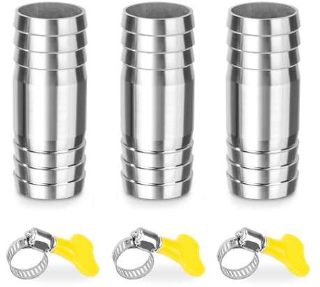 Raccord de Tuyau Cannelés, 3Pcs 26mm*65mm Connecteur Droit Barbelé en I en Forme, Adaptateur Raccords à Embout à 2 Voies en Acier Inoxydable, avec 3 Colliers