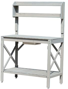 WOTZOV Banc de rempotage, Table de rempotage en Bois, établi de Jardin extérieur avec étagère Ouverte et Rangement inférieur pour Jardin et terrasse