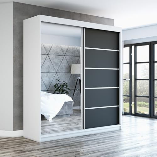 A&J MöbelLand Schwebetürenschrank GAPI Kleiderschrank 2-türig mit Spiegel, Garderobe 160 cm (Weiß/schwarz/schwarz)