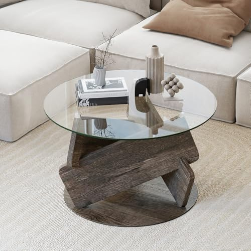 GOPLUS Table Basse Ronde en Verre Trempé, φ81 CM Table Basse Salon avec Plateau Spacieux et Pieds en Bois d’Hévéa pour Bureau, Chambre, Capacité 100 kg, Gris (Gris,81x49CM)