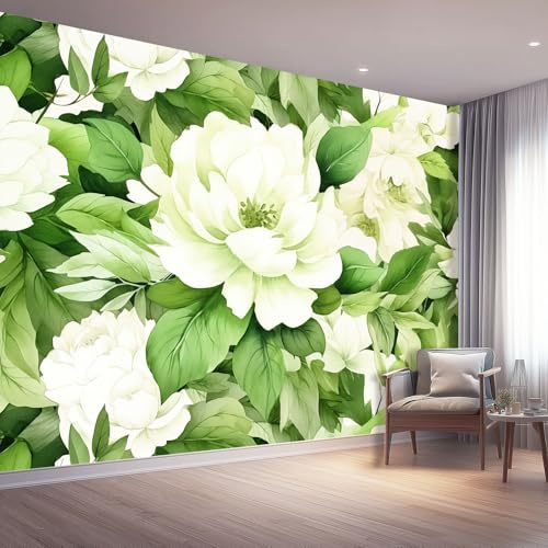 Carta da parati murale decorativa Verde Bianco, Design moderno Retrò Acquerello Fiori Peonie, stampa HD, traspirante e resistente, ideale per salotto, camera da letto o ufficio 200 x 140 cm