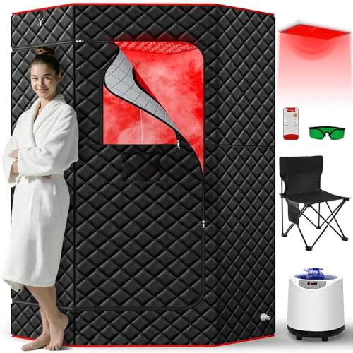 I-THERA-U Sauna de infrarrojos para el hogar - Sauna portátil de vapor de 660 y 850 nm sauna de vapor de cuerpo entero con 3L 1200 W generador de vapor baño de vapor, 15 niveles de calor, silla, mando