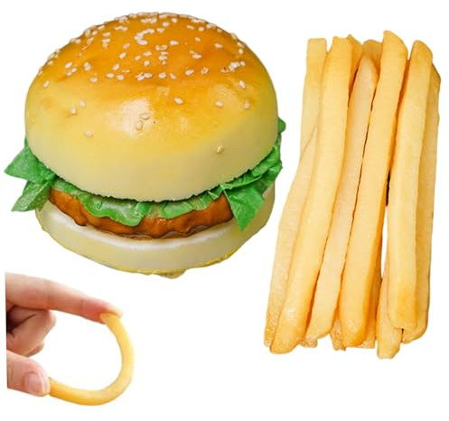 Jorzer Realistisches Spiellebensmittel, 1 Set künstliches Plastiklebensmittel, inklusive Hamburger, 10 Stück Pommes Frites für Dekorationen, Präsentations-Requisiten, realistisches Spielen.