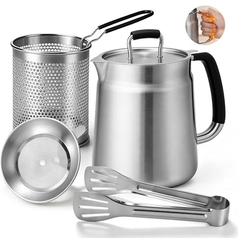 2L Deep Fat Fryer, Stainless Steel Chip Pans with Basket and Lid | Oil Filter Pot with Deep Fryer Basket, Large Capacity Bacon Grease Container for Kitchen, Frying, Oil Filter Container