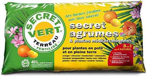 TERREAU Agrumes, Plantes MÉDITERRANÉENNES Bio 40L - Oranger, Citronnier, Mandarinier, Kumquat, Laurier Rose, Hibiscus, Palmier, Olivier- Secret Vert