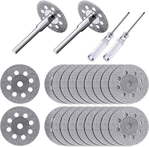 20 Pieces 22 mm Diamond Cutting Wheel with 4 Pieces 3 mm Mandrel and 2 Pieces Cross Crystal Screwdriver for Dremel Rotary Tools