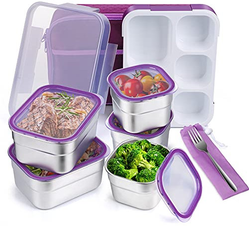 DaCool Stainless Steel Kids Bento Lunch Box Leak Proof BPA-Free School Lunch Container 5-Compartment with Lunch Bag and Fork for Toddler Child Adult, Food Snack Container for Picnic Outdoors,Purple