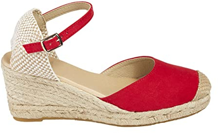 No es lo mismo – Espadrille – sandaler av jute med kilklack för kvinnor | platåskor 3 remmar Espadrille med spänne och sluten skospets | Färg: Sandfärg, grön, röd, rosa, marinblå, - röd - 35 EU
