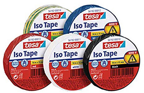 Tesa Nastro isolante 10 m x 15 mm Iso Tape (5 pezzi/5 colori – blu, rosso, nero, verde/giallo e bianco)