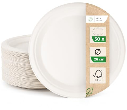 Love Nature Ecológicos Juego de Platos Desechables 26 cm 50 piezas- Vajilla desechable de pulpa de caña - Platos desechables biodegradables - Platos desechables para fiestas