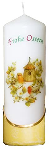 Meissner-Handel Auswahl * Osterkerze Stumpenkerze Osterdeko * 6 x 18 cm * mit farbigen Wachs- und Bildauflagen * Auswahl Motiv + Farbe * Gelb * (Motiv 021)