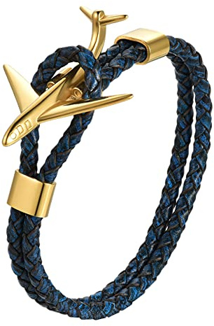 JewelryWe Lederarmband Flugzeug für Herren Damen Echt Leder Geflochten Doppelt Kordelkette Manschetten Armband Armreif mit Edelstahl Flugzeug Verschluss - Geschenk für Piloten & Flugzeugfans