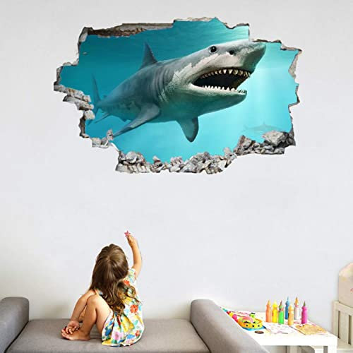 Hai 3D Wandtattoo Durchbruch Wanddeko Meereslebewesen Wanddurchbruch sticker selbstklebend Wandbild Wandsticker Modern Wohnzimmer Wanddeko Wandaufkleber für Kinderzimmer Junge Mädchen Teenager Zimmer