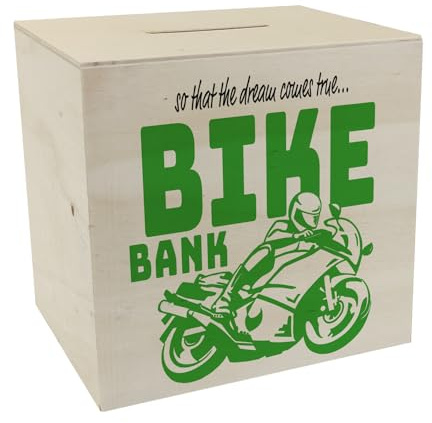 Bike Bank Spardose aus Holz in grün zum Thema Motorradkauf und Motorrad Fahren schöne Sparbüchse Geschenk für Sparfüchse die Träume eines Bikers mögen oder Sich ihren eigenen