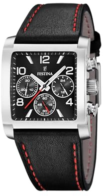 Festina Herrenuhr Analog aus Leder Schwarz | Quarzwerk, Chronograph, Widerstandsfähiges Mineralglas, Wasserdicht 5 ATM Elegant F20653/3