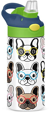 Mnsruu Brille Französische Bulldogge Wasserflasche isoliert für Schule, Edelstahl Wasserflasche mit Strohhalm für Mädchen Jungen, 20 Unzen