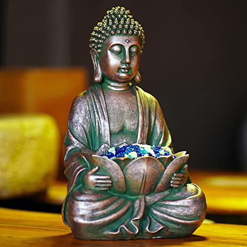 Goodeco 12 Meditating Buddha Statue w/Lotus - Zen Garden Sculpture for Indoor/Outdoor Decor, Home & Garden Decoration with Magical Glow in Dark Pebbles and Glass Stones - Antique Bronze