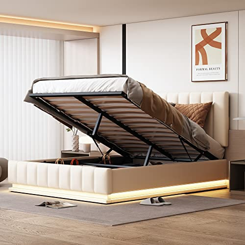 Merax Polsterbett mit LED 140 x 200 cm, Hydraulisches Funktionsbett mit Stauraum, Metall Lattenrost und Bettkasten, Doppelbett mit Höheverstellbarem Polsterkopfteil, Kunstleder, ohne Matratze, Weiß