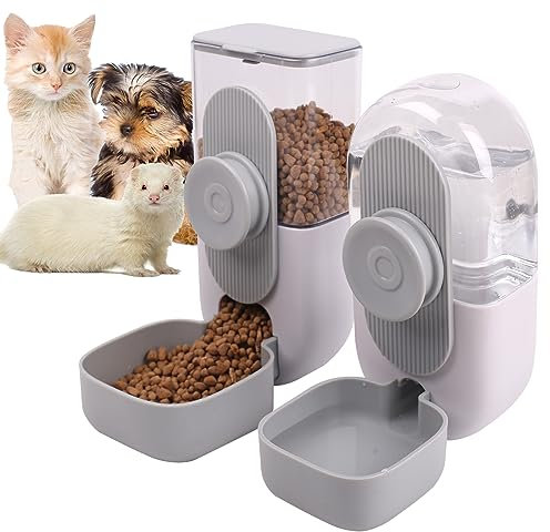 Hanging Automatic Pet Food and Water Dispenser, Auto Gravity Rabbit Ferret Bunny Hedgehog Feeder and Water Dispenser Sets, Cat Dog Food and Water Dispenser Food Bowl for Cage Hanging (Grey)