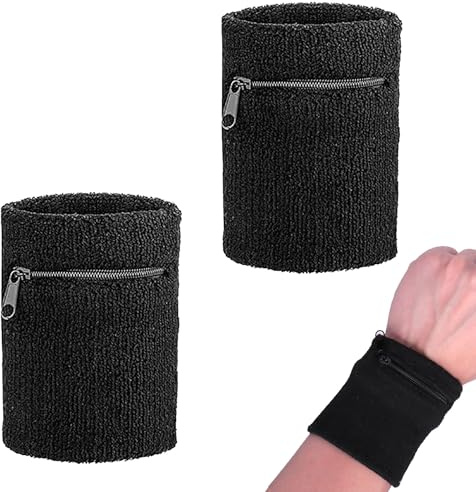 1 Paar Handgelenk Geldbörse mit Reißverschluss, Sweat Absorbierender Handgelenkschlauch, Sweatband Geldbörse, Elastischer Handgelenk Geldbörse für Männer Frauen, für Basketball, Laufsport (Schwarz)
