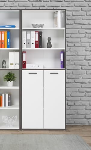 Forte KEFLAVIK Bücherregal 80 90, Regal mit 2 Türen, weißes Regal, Büroregal, Wohnzimmerregal, Jugendzimmer, Holzwerkstoff, Weiß/Uni Wolfram Grau, 84,5 cm breit x 226,5 cm hoch x 41,5 cm tief