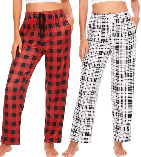 Ymmchy Damen Pyjamahose Lang Schlafanzughose Kariert Freizeithose Frauen Schlafhose Weiche Nachtwäsche Hose 2-Pack