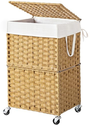 Chrislley 90L Slim Laundry Hamper with Wheels, Rolling Laundry Basket with Lid and Renovable Liner Bag, Handwoven Rattan Organizer for bedroom, bathroom, laundry room (Yellow)