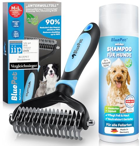 BluePet Shampoo + Hundebürste Unterwolle langhaar & Katzenbürste langhaar | Für Hunde und als Katzenbürste Langhaar geeignet – erleichtert den Fellwechsel & sorgt für eine sanfte, gründliche Fellpflege