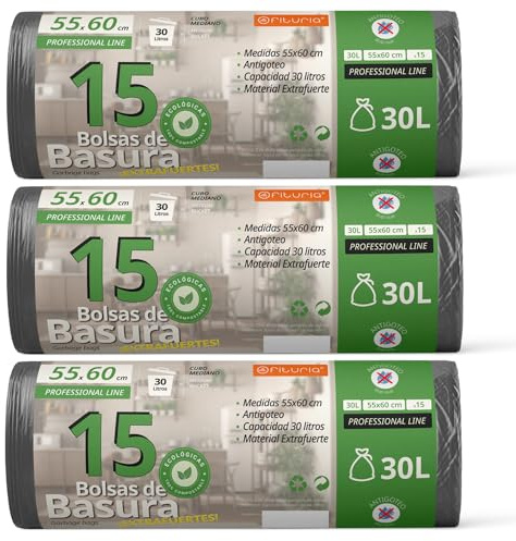 Sacs Poubelle, Sacs 30L, Résistants, Matériau 100% Recyclé et Recyclable, Anti-Fuite, Fermeture Facile, Convient à Tous Types de Déchets, 55x60 cm - Ofituria (45 sacs, 30L)