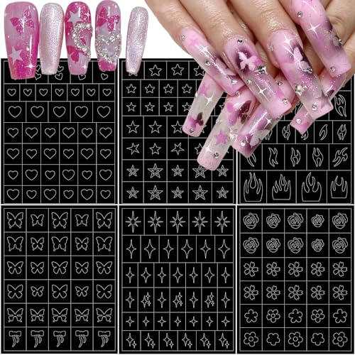 6pcs Airbrush Stencils Nail Stickers for Nail Art French Design Hollow Nail Decals Flame Heart Star Flowers Butterfly Nail Art Stickers Auxiliary Nail Guides Stencils Sticker for Nail Supplies Tools