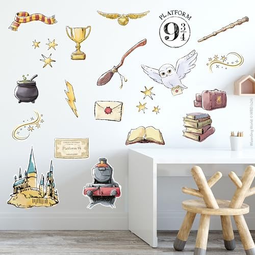 Wandtattoos von Harry Potter - Aquarell Icons Set Wandtattoo Zaubererwelt Kunst (90cm Breite x 45cm Höhe)