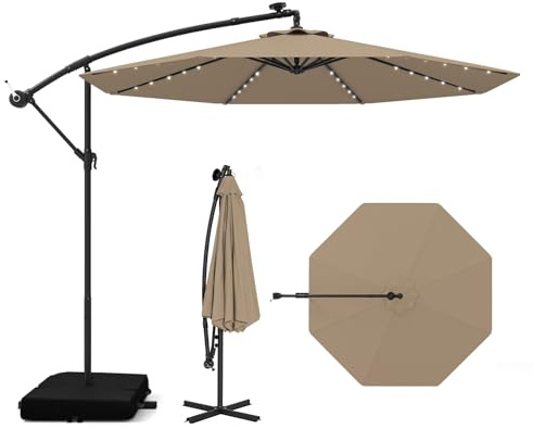 COSTWAY Parasol Déporté 3x3M, Parasol de Jardin Extérieur 40 LED Solaire avec 2 Sacs de Sable, Protection UV, Socle en Croix, Inclinable, Manivelle, pour Balcon, Jardin, Terrasse, Plage (Marron)